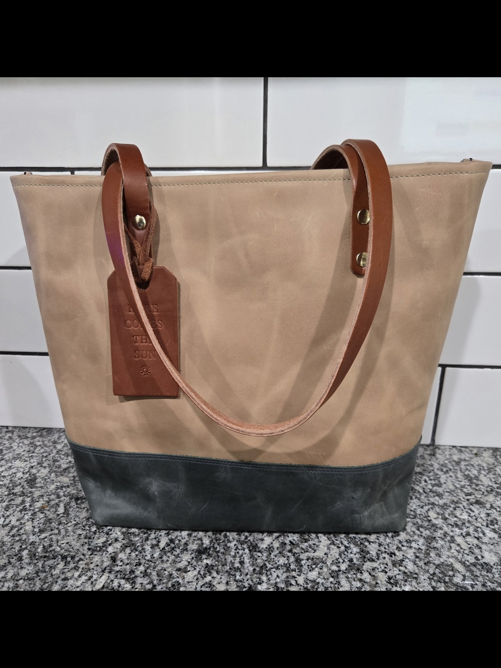 Two-Tone Canvas Tote Bag with Leather Straps - Beige and Dark Green